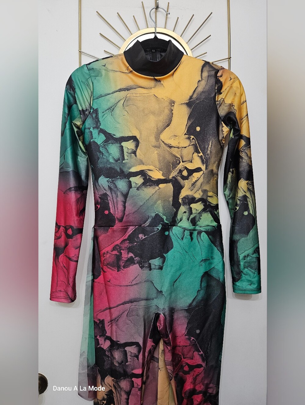 Weissman Wicked Dance Multicolor Marble-Print Long Sleeve Bodysuit & Headscarf